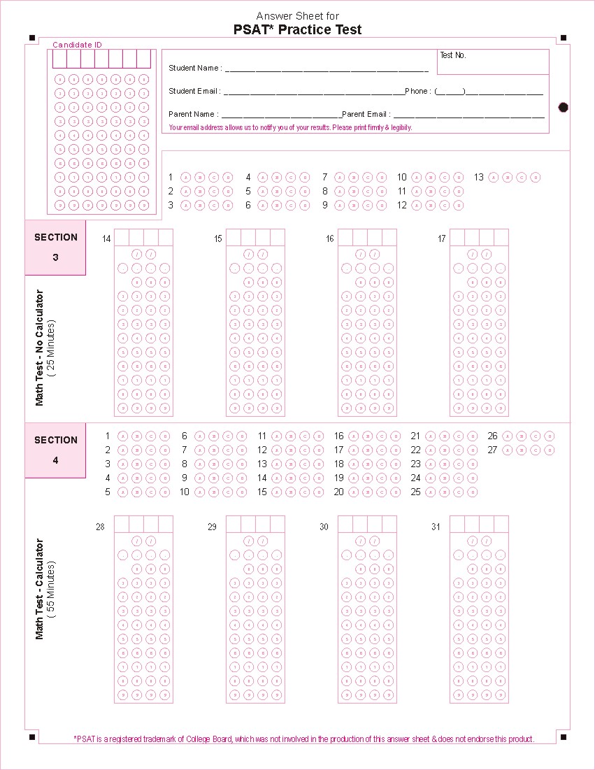 PSAT OMR Sheet 2 Template